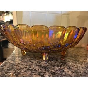 Marigold Indiana Carnival Glass Footed Oval Fruit Bowl Harvest Grape Vintage